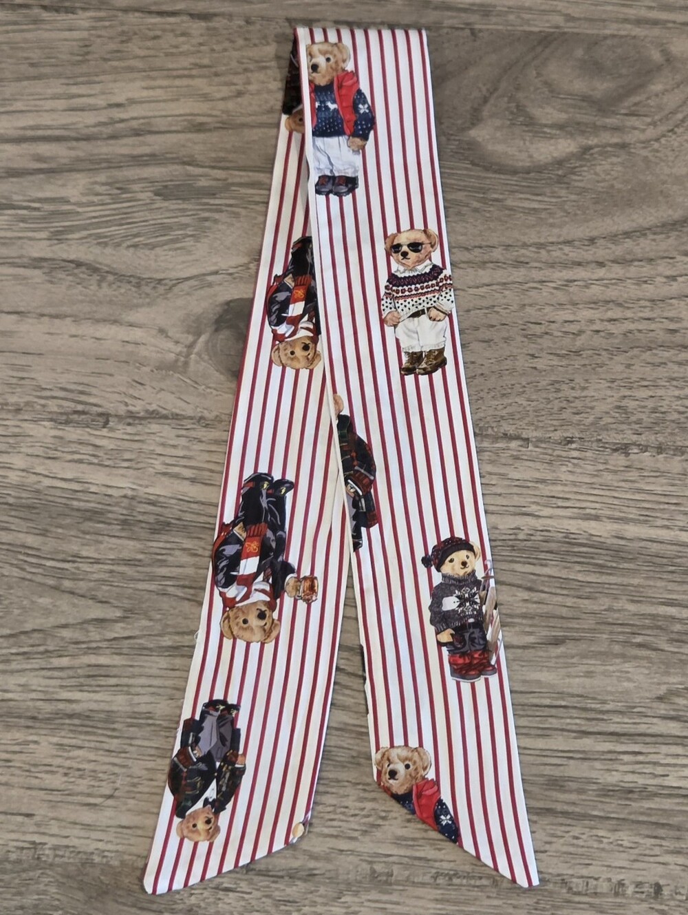 Polo Ralph Lauren Polo Bear Hair Tie Scarf - White Red Pinstripe - Size 29x2.25"